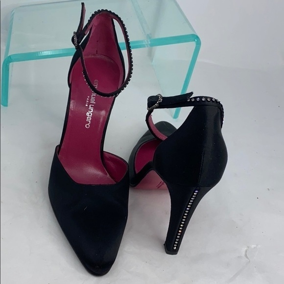 Emanuel Ungaro Sz 7 Black Satin w/Crystals Heels - Picture 11 of 15